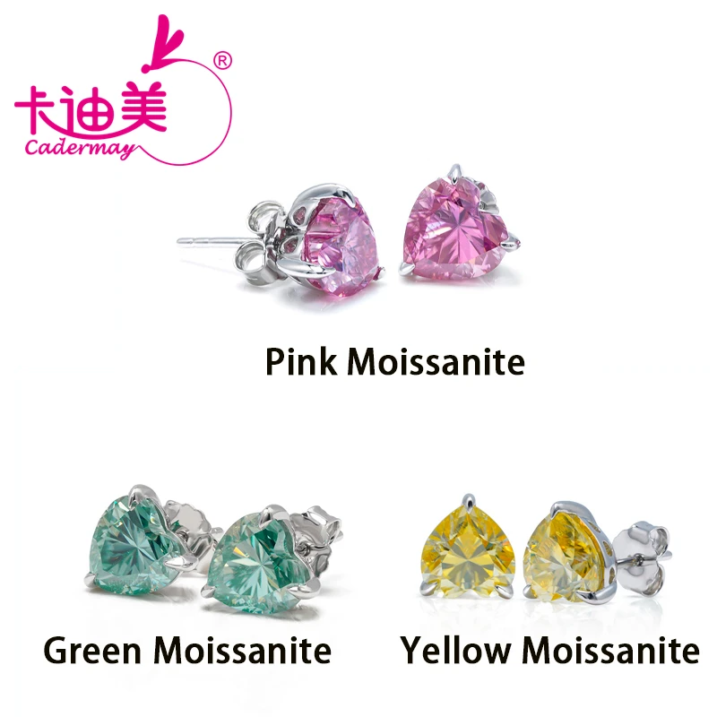 CADERMAY D VVS1 Moissanite Heart Shape 925 Silver Stud Earrings 1 Carat Green Moissanite Fine Jewelry For Women's Gift
