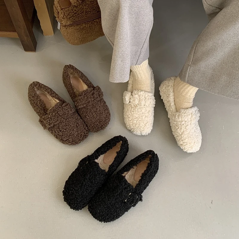 

Flats Loafers Shoes Woman Wool Fur Round toe Shoes Winter warm Buckle Slip on Furry Slides vintage Comfortable Black apricot