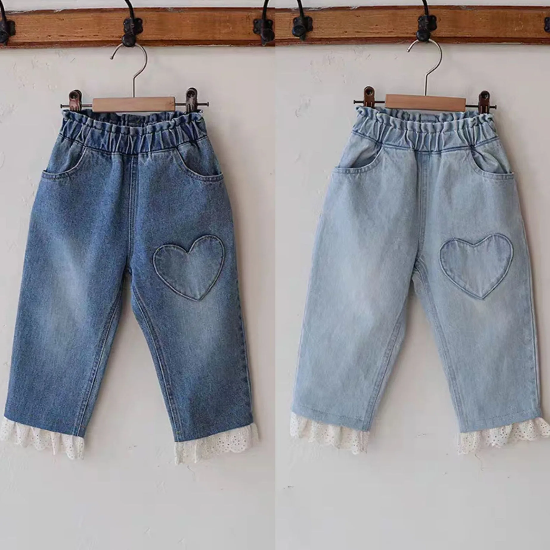 

2026 Spring New Girls Jeans Children Casual Pants Infant Clothes Baby Girl Heart Pocket Trousers Toddler Cute Lace Denim Pants