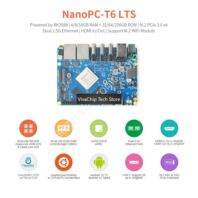 VivaChip TechNanoPC-T6 LTS Development Board - Rockchip RK3588 With 4GB/8GB/16GB RAM & Dual 2.5G Ethernet (Android 12 4K/8K Supp