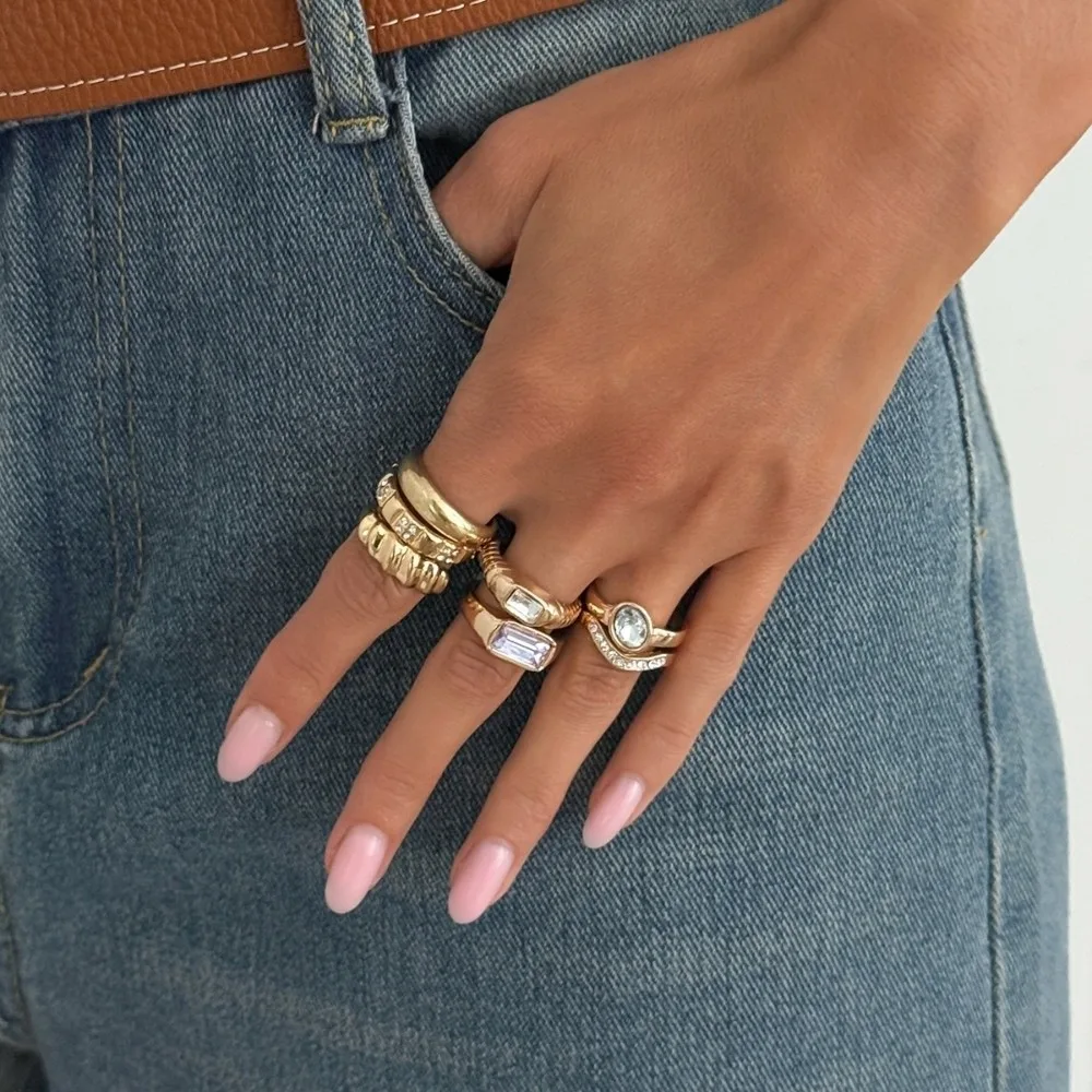 6/7Pcs/set Rhinestone Inlay Stackable Rings Gold Tone Metal Colorful Gem Open Band Rings Thread Texture Polish Surface