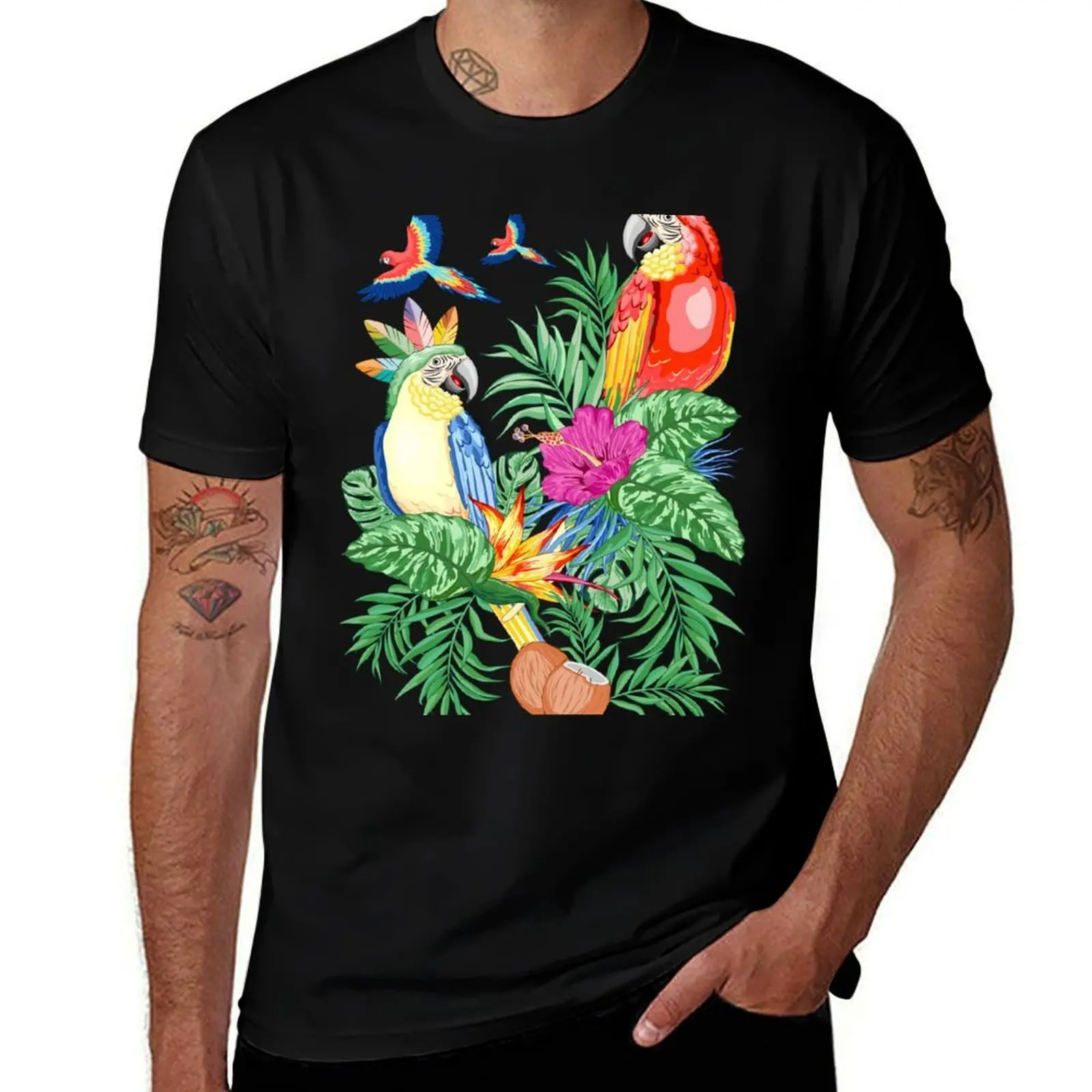 Macaws Parrots Exotic Birds on Tropical Flowers and Leaves T-Shirt Work Utility Casual Tee Shirt T-Shirt