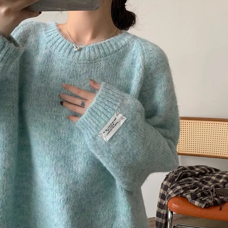 

FRYAY LAB New Loose Women's Mint een Lazy Sle Milk Blue Sweater Casual High-End Outerwear Long Sve round Ne Girl's Autumn Faion
