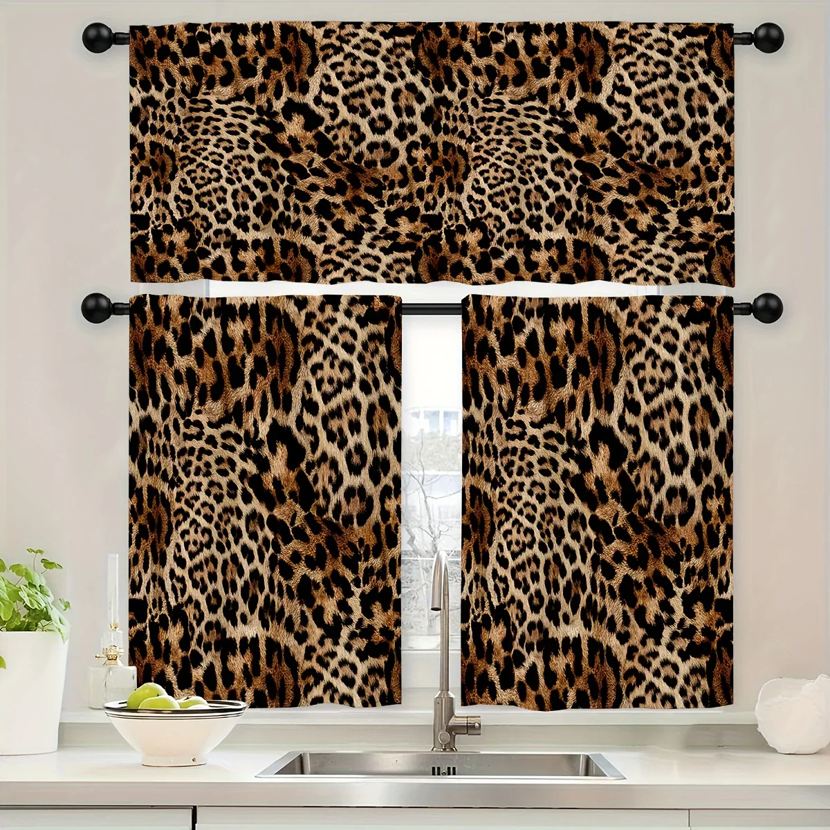 3pcs Leopard Print Kitchen Curtains, Pole Pockets, Wild Animal Cheetah Pattern Exotic Home Decoration Set