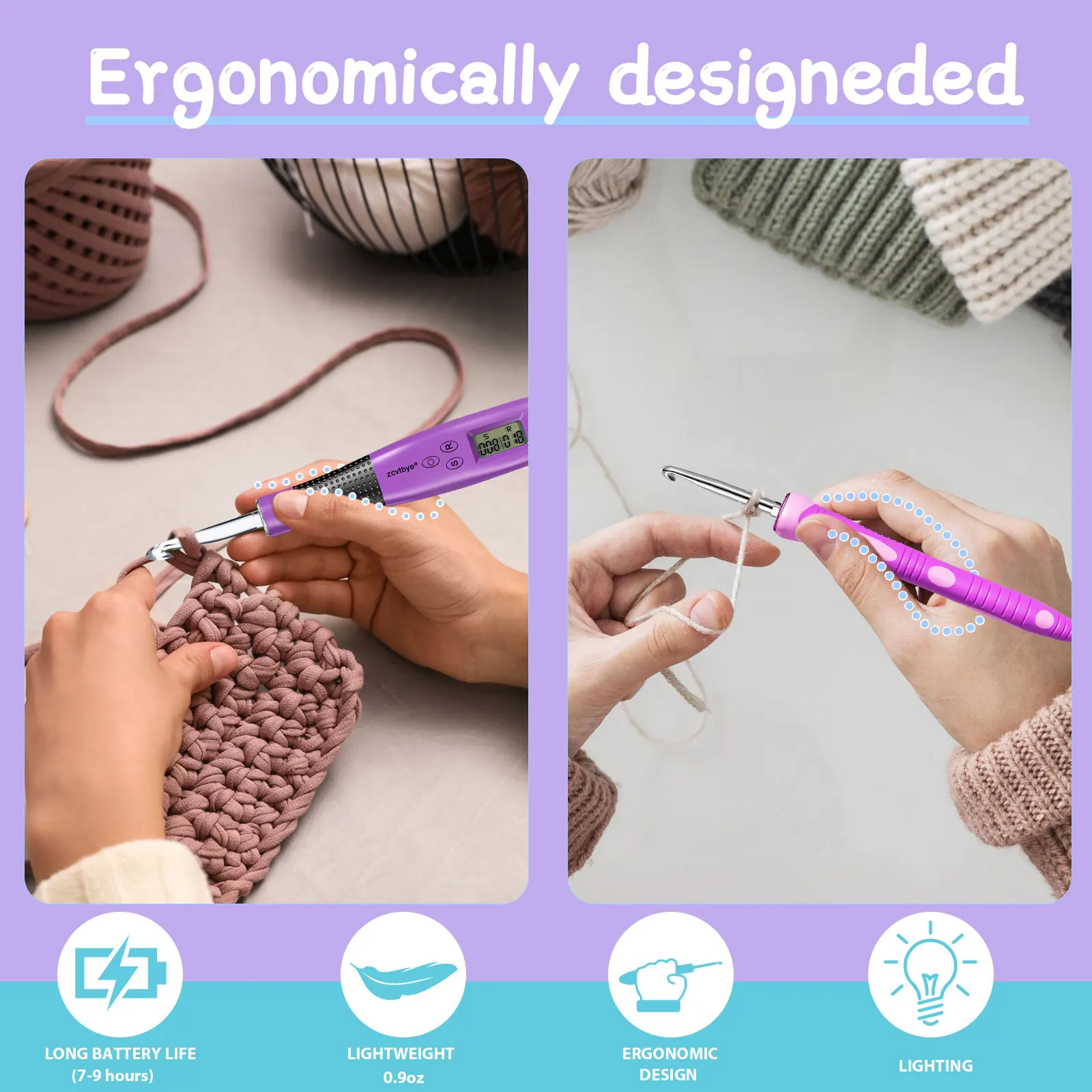 24 قطعة مجموعة خطاف كروشيه مع عداد مريح إبر الحياكة عدة مع مصباح ليد وصف عداد رقمي لتقوم بها بنفسك أداة لخطاف الحياكة