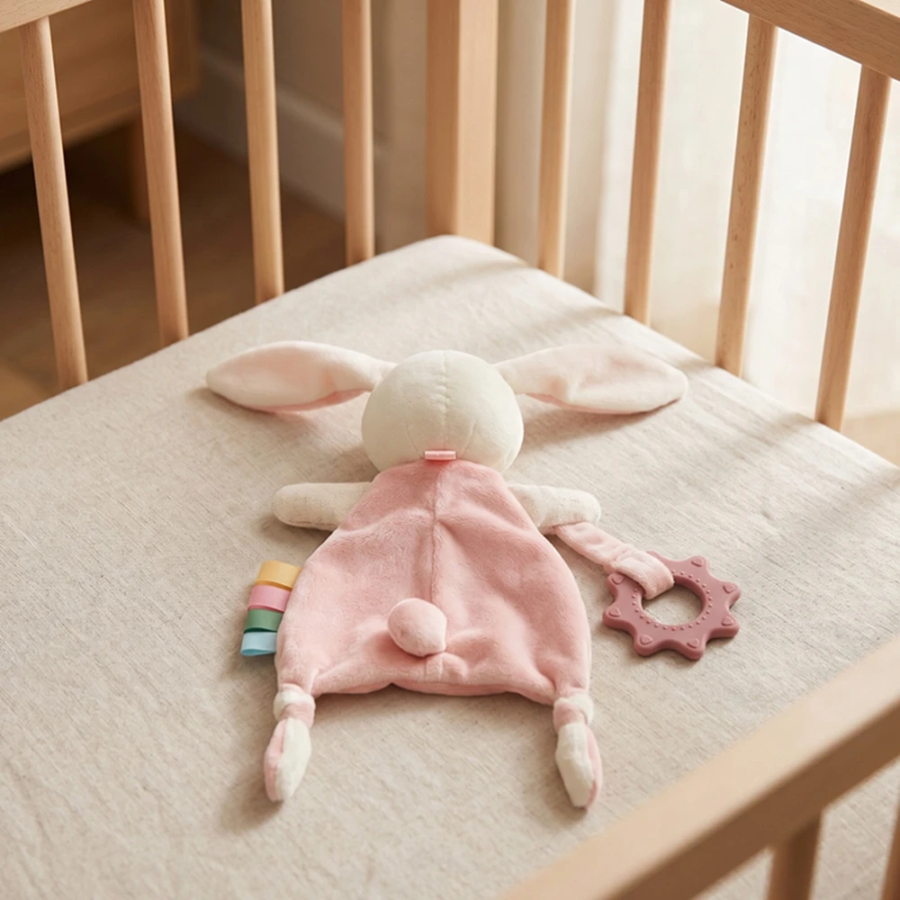 Plush Bunny Security Blanket Baby Sensory Soothing Toy Soft Fabric Comforter with Silicone Teether Crinkle Sound Montessori Toy
