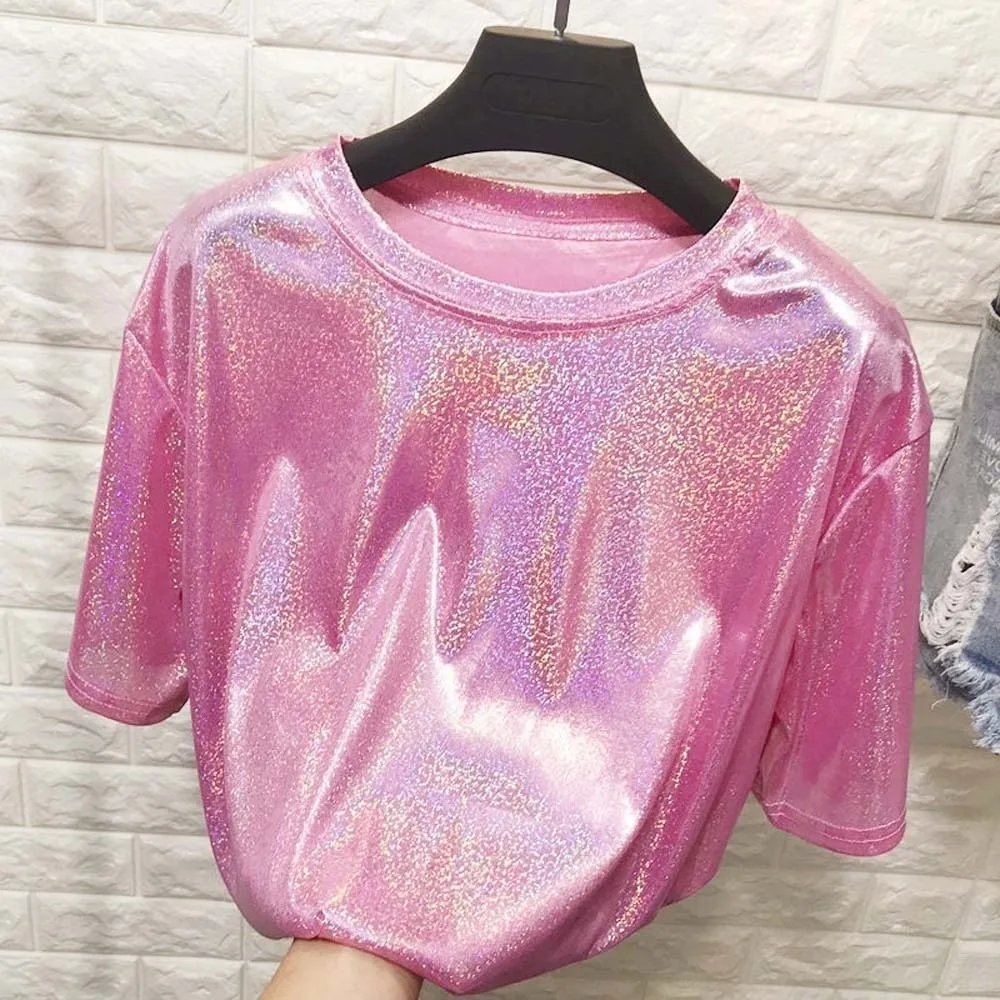 

Spicy Girl Style Vintage Fashion Silk Top Sequins Pink Ladies Shiny Loose T-shirt Aesthetic Purple Harajuku Short Sleeved Party