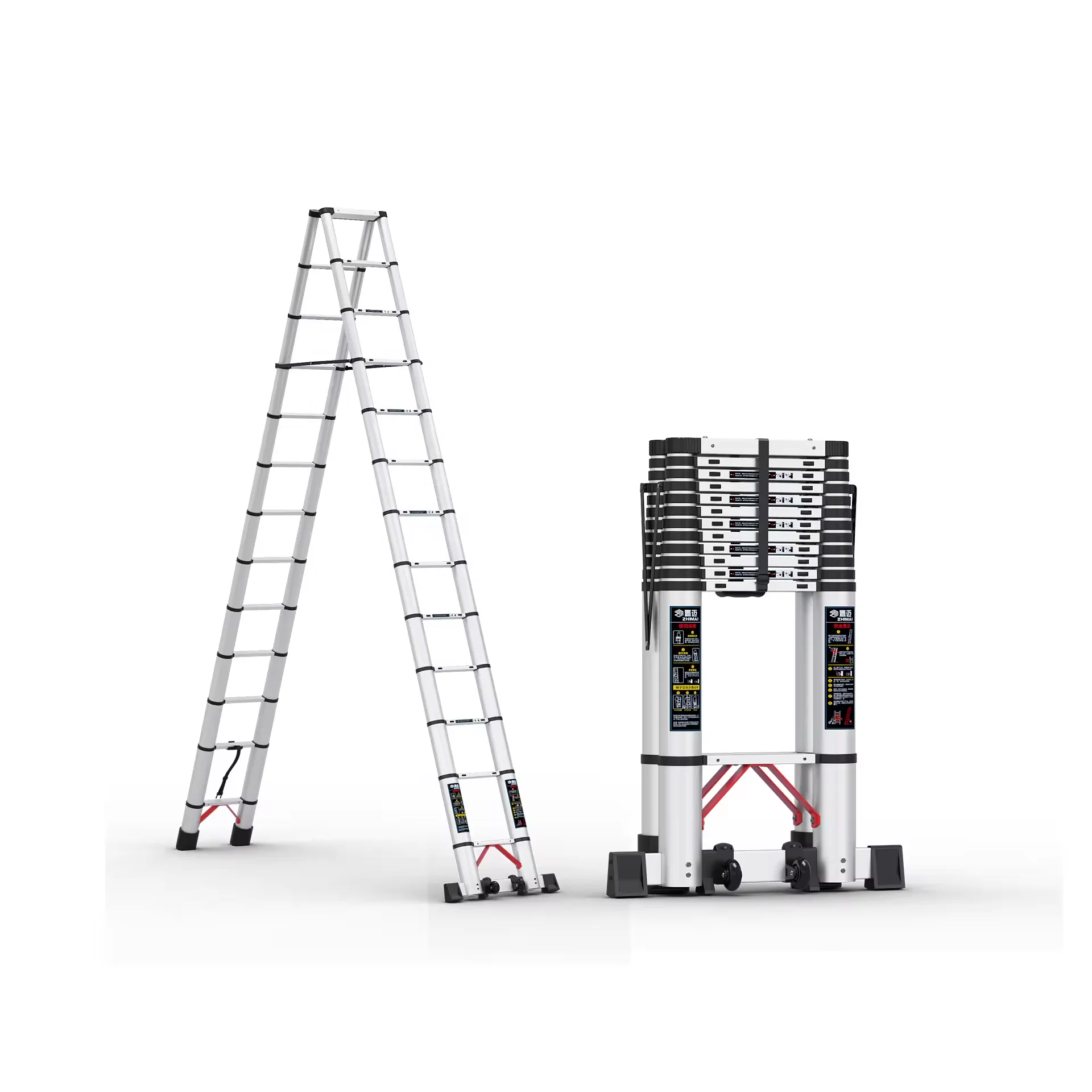 Customized manufacture foldable extension aluminum telescopic ladder Double-sided bamboo extension ladder household