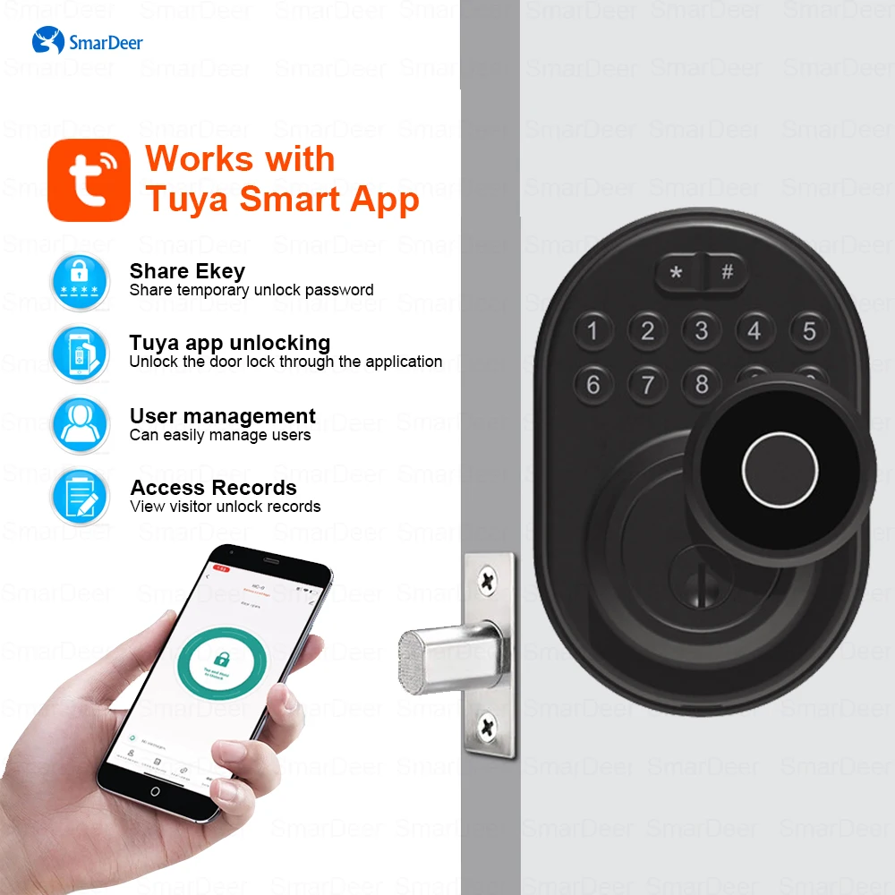 SmarDeer 4-in1 Electronic Lock for Tuya Smart Lock with Deadbolt  Fingerprint Lock Keyless entry with SmartLife App Remote unloc