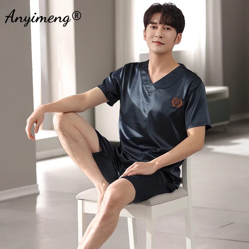 Pijamas for Man Sexy V Neck High Quality Satin Silk Sleepwear Sold Embroidered Hot Badge Fashion Summer Pajama Set Big Size 4xl