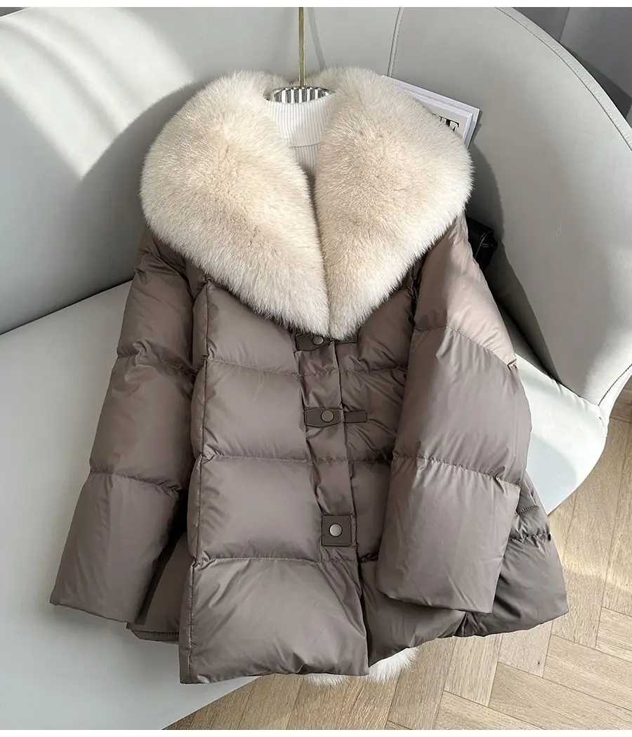 2025 inverno novo temperamento de comprimento médio branco ganso puffer parkas feminino pele de raposa destacável grande lapela pele para baixo jaqueta alta qual