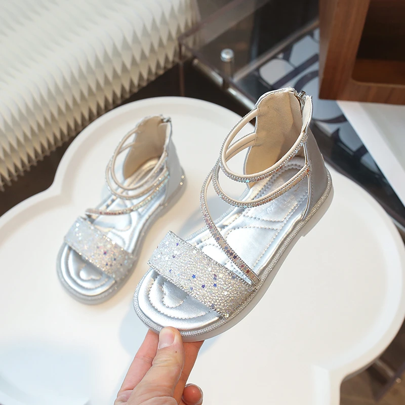 Girl Sandals Summer Fashion Kids Baby Girls Glitter Sequin Princess Crystal Sandals For Little Big Girl's Beach Shoes Rome Flats