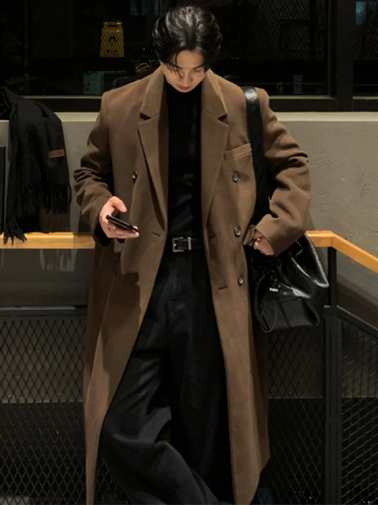 

Мужское зимнее утепленное шерстяное пальто удлиненное, ниже колена, приталенное, модное, в британском стиле, двубортное, на пуговицах