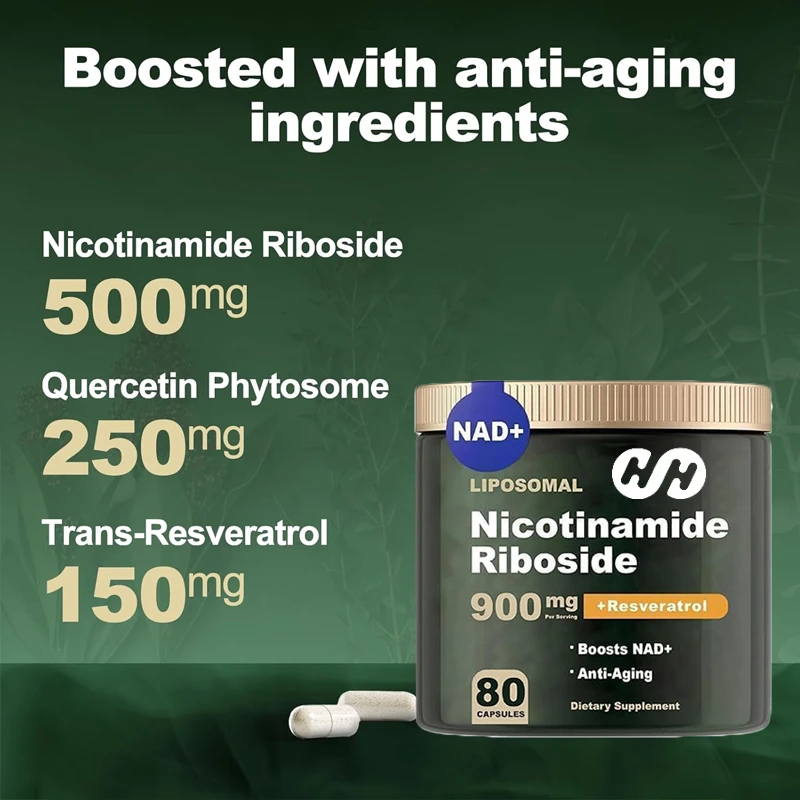 Resveratrol, Quercetin, NAD Nicotinamide Nucleoside - High Purity NAD Supplement, One Bottle, 80 Capsules, Vegetarian