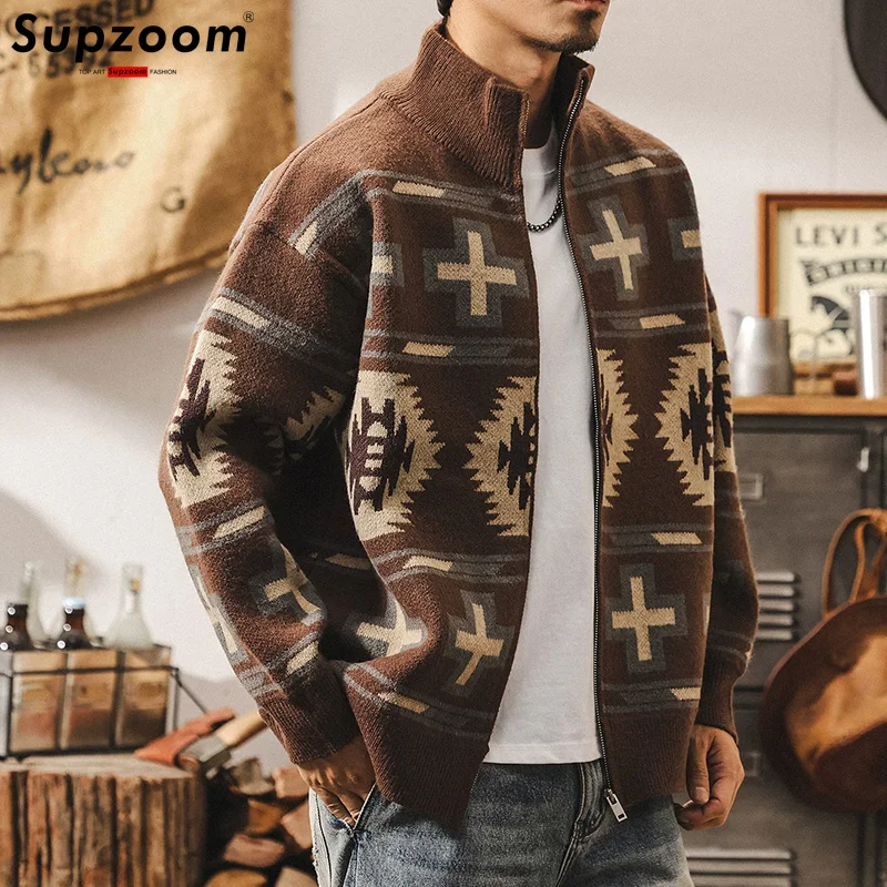 Supzoom 2025 New Arrival Top Fashion Zipper Cotton Pullover Male Pattern Jacquard long Sleeves Casual Cardigan Sweater Men