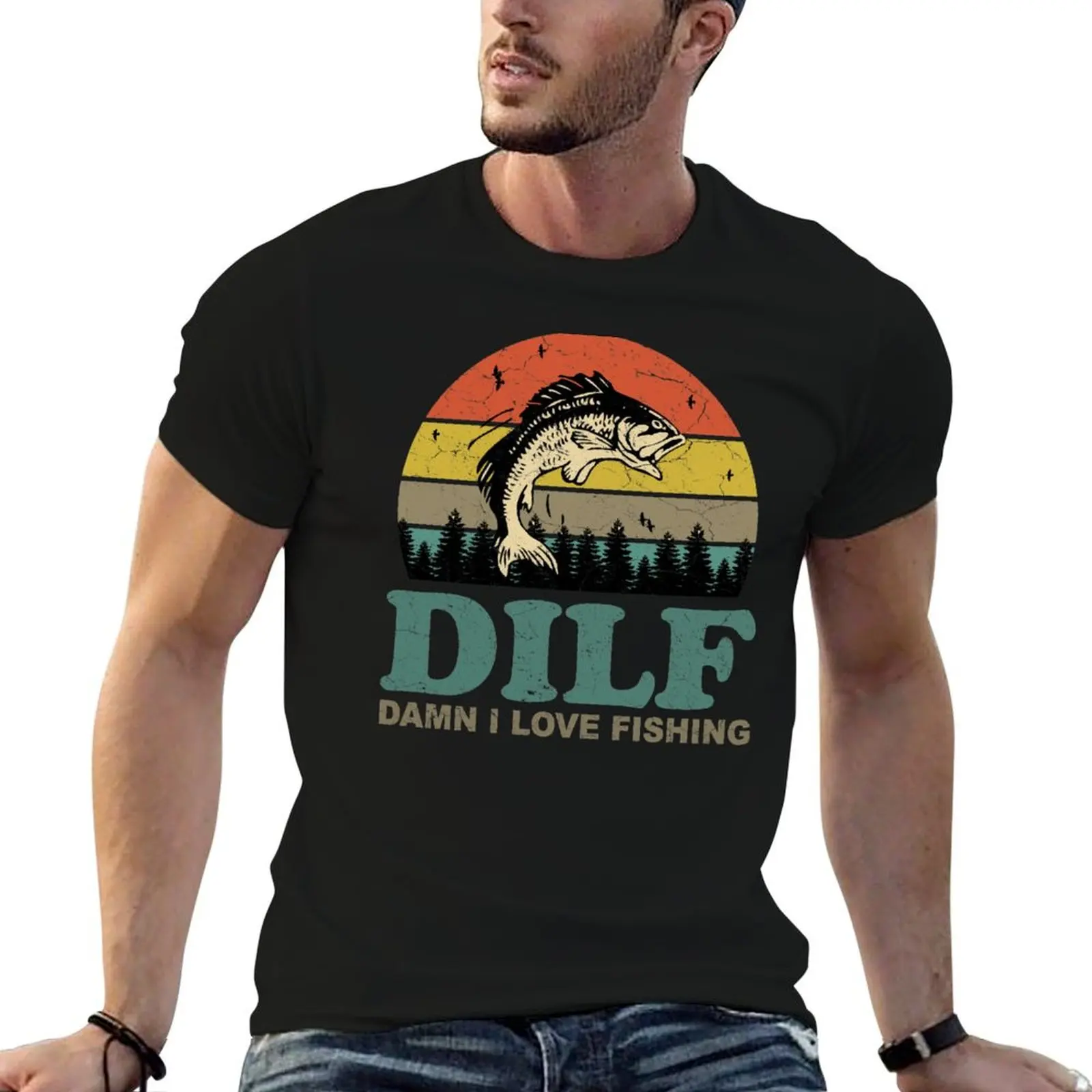 DILF Damn I Love Fishing Retro Vintage Sunset Funny Fishing Gift T-Shirt for a boy man t shirt fruit of the loom mens t shirts