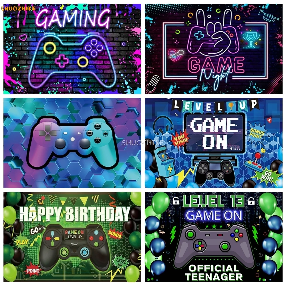 

Game On Happy Birthday Backdrop Video Gamer Neon Gaming Theme Level Up Child Birthday Party Photography Background Photo Studio