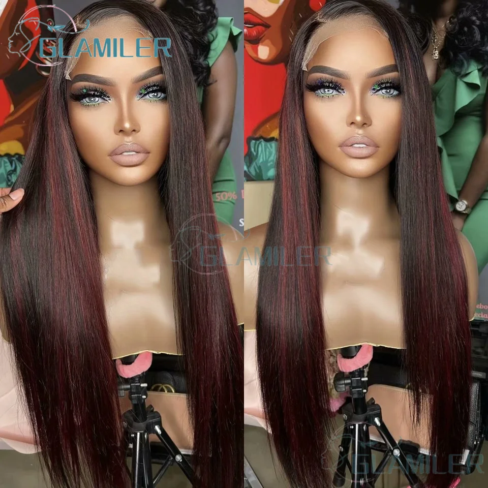 

1B/99J Straight HD Lace Frontal Wig 13x4 Burgundy Transparent Lace Frontal Human Hair Wig Red Highlight Silk Top Lace Front Wigs