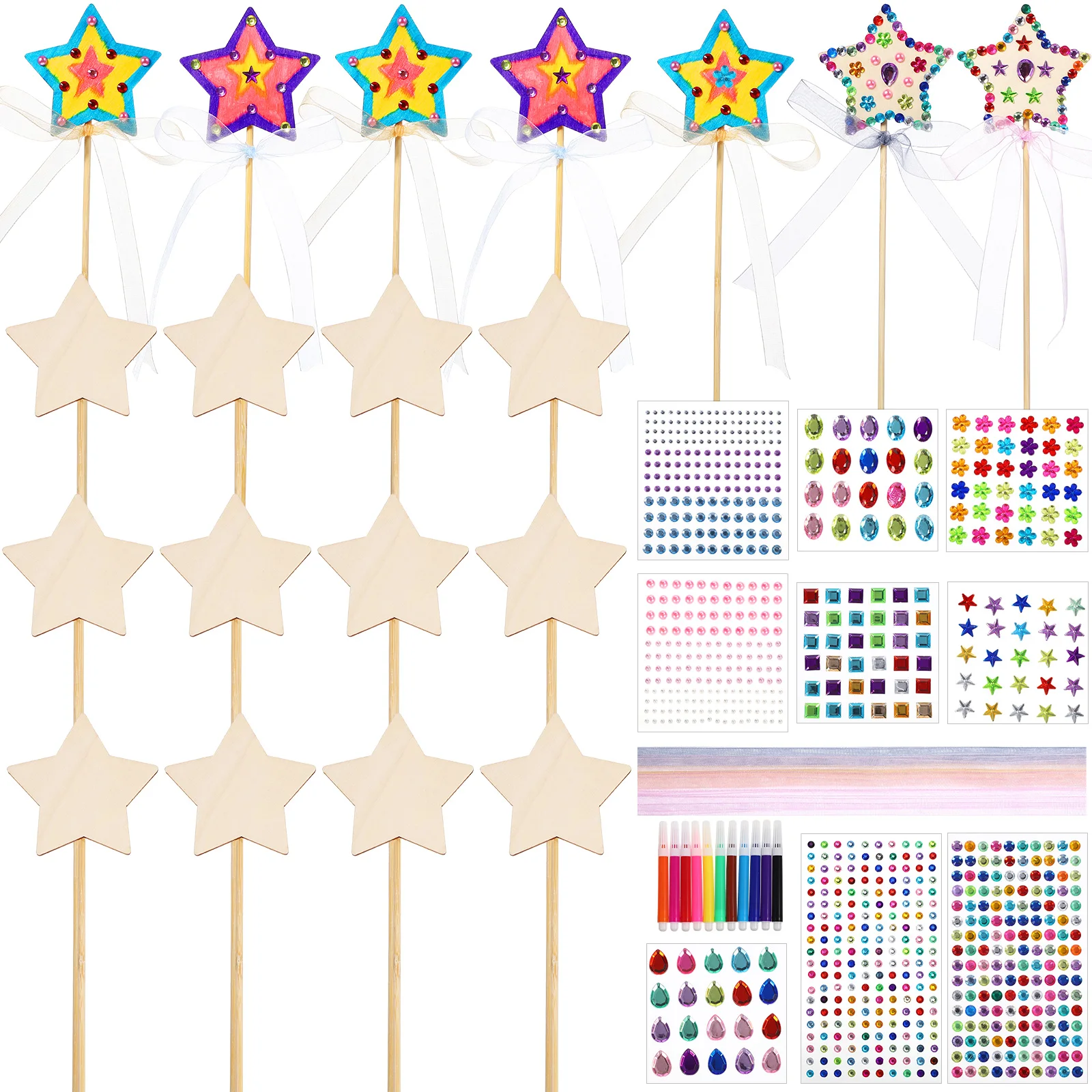 

1 set 18 Star Wands Fairy Kit 9 Stickers 20 Ribbons 10 Pens Density Board DIY Wooden Crafts Kids Party Favors Creative Gifts