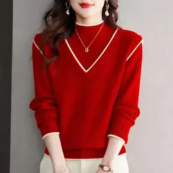 Women's Clothing Half High Collar Screw Thread Solid Color Pullover Long Sleeve Sweater Knitted Elegant Contrast Color Tops
