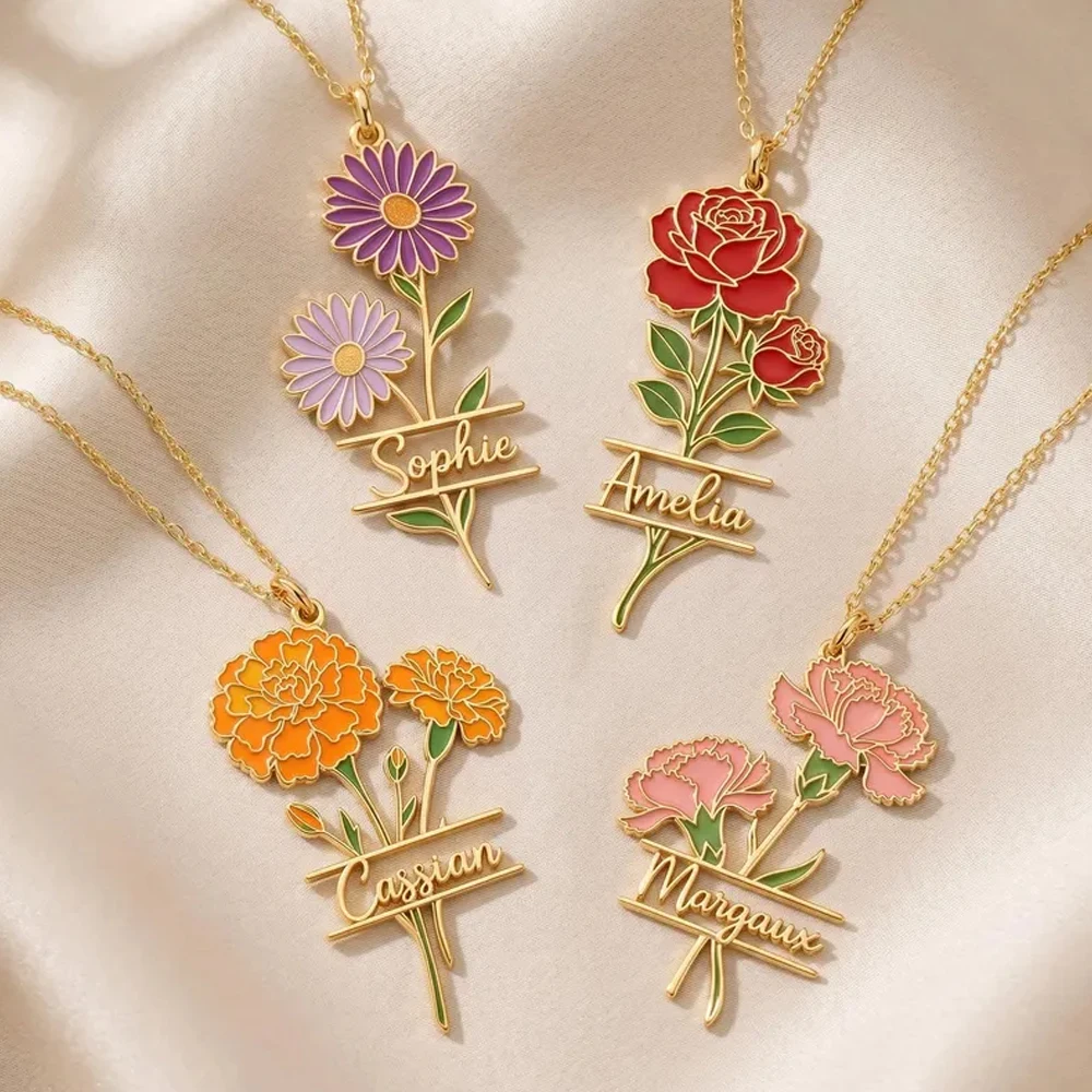 Custom Name Birth Flower Neckl - Birth Flower Necklace 评论和价格