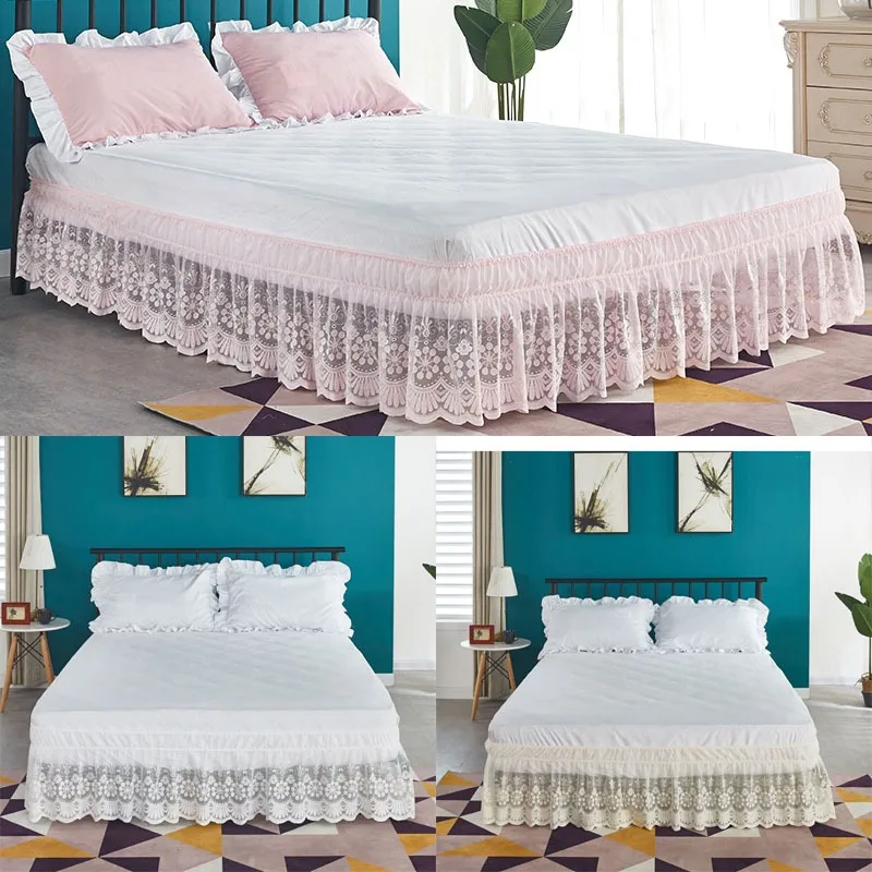 18 Inch Drop Lace Bed Skirts Wrap Around Ruffled  Wrap Around Elastic Bed Skirts Without Bed Surface Twin Full Queen King Size