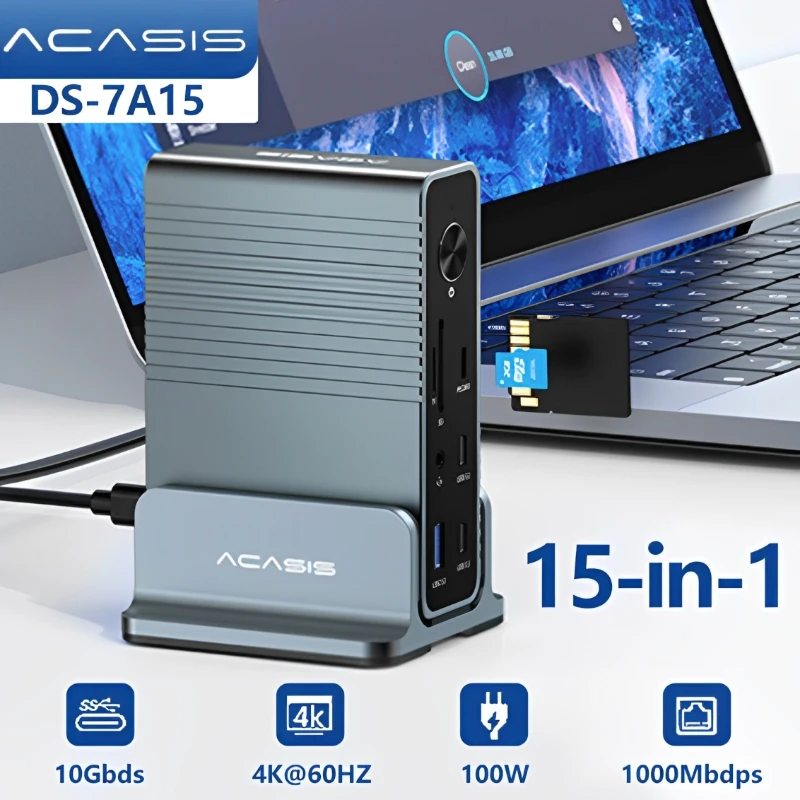Acasis DS-7A15 15'i 1 arada 10 Gbps Yerleştirme İstasyonu PD100W 4K HDMI Üç Ekran Tek Noktadan USB-C 3.1 Çift Kart Yuvası Genişletme Bağlantı İstasyonu