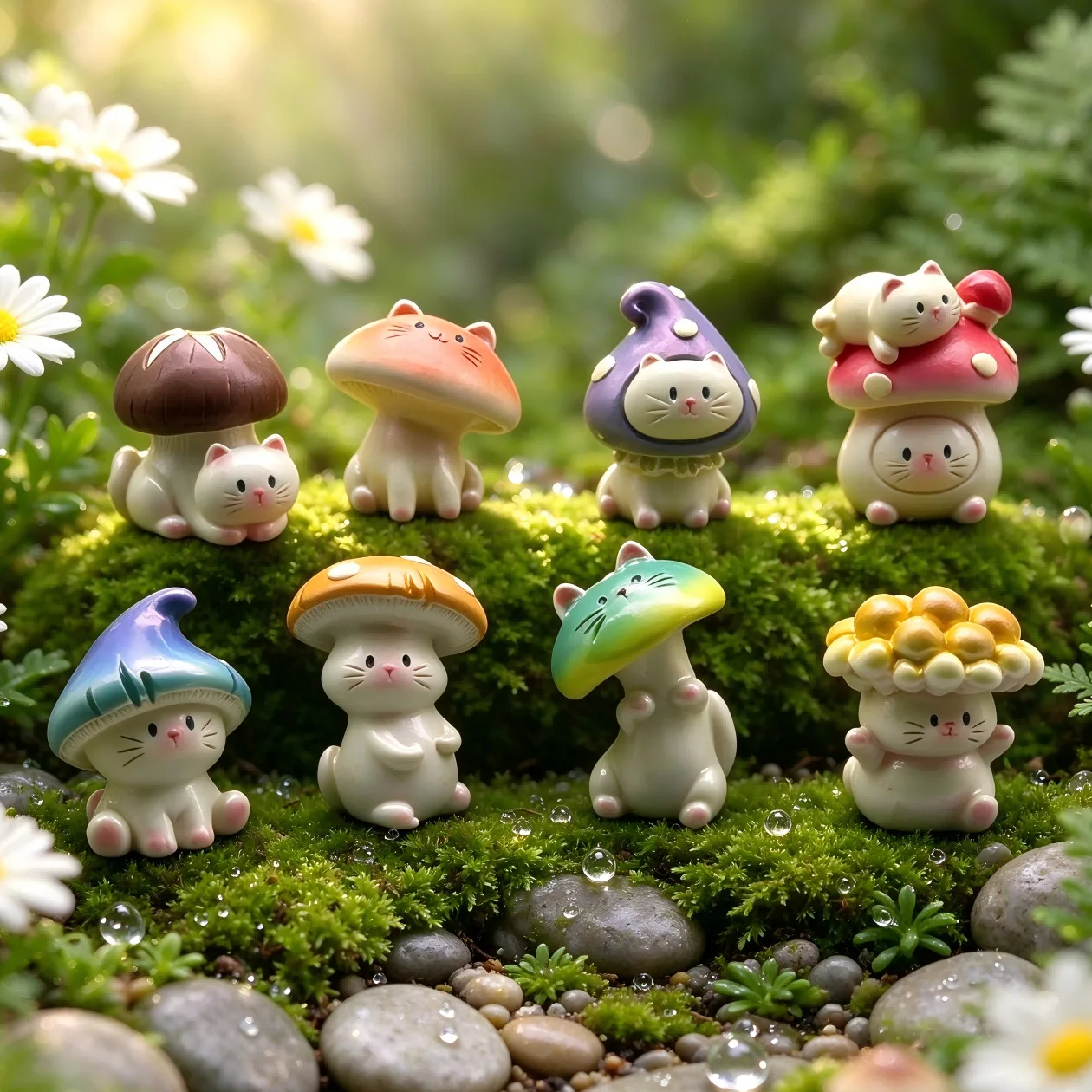 8pcs/Set Kawaii Mushroom Cat Mini Resin Figurine Toy Cute Kitty Statue Fairy Garden Micro Landscape Desktop Decor Surprise Gift