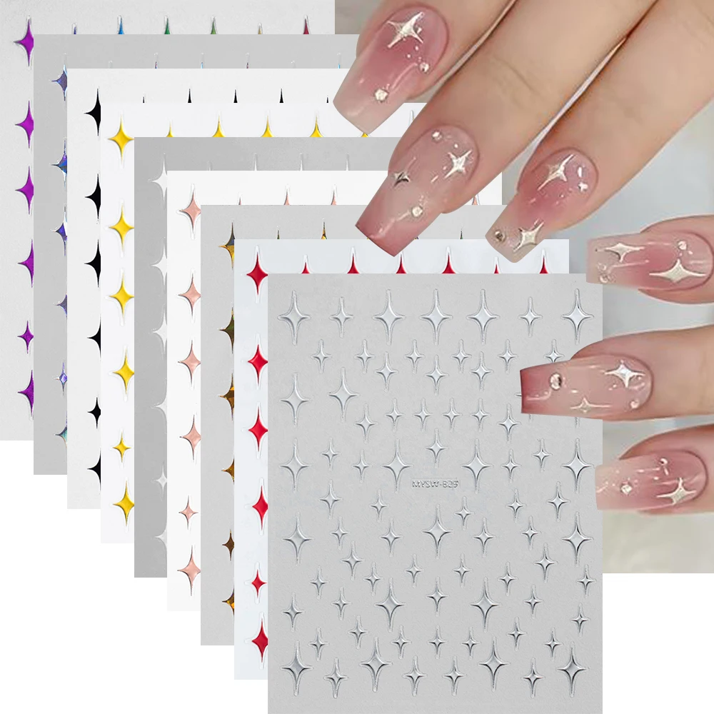 Pegatinas 3D de estrellas doradas y plateadas para uñas, 9 piezas, estrellas bronceadoras, calcomanías para manicura