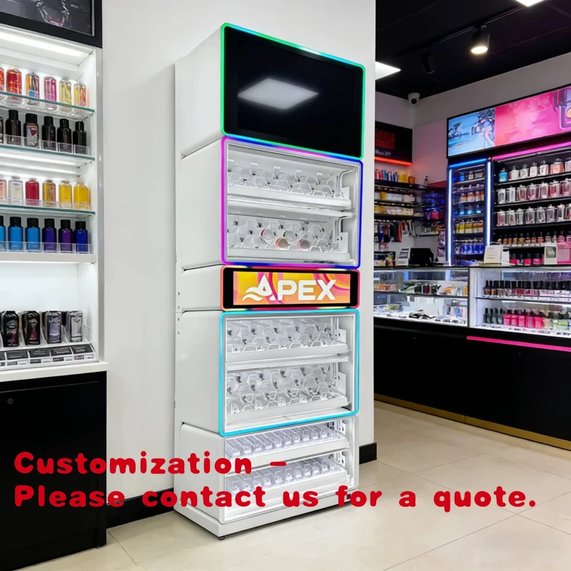 

Металлический выставочный стенд custom.APEX с цифровым экраном и сотовой системой толкателей для демонстрации товаров в магазинах (например, для табачных изделий)