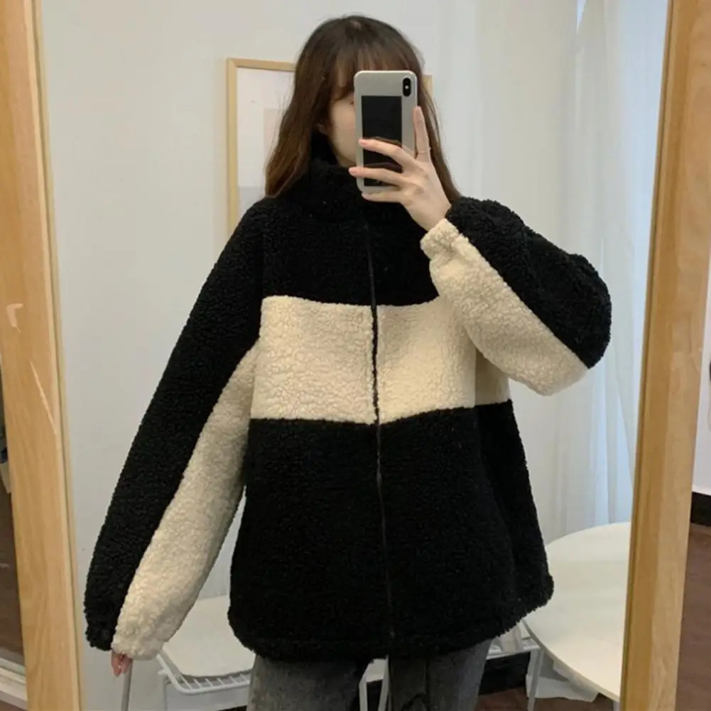 

Lady Soft Overcoat Colorblock Stand Collar Winter Coat with Thickened Fleece Windproof Design for Plus Size Women Long Sleeve