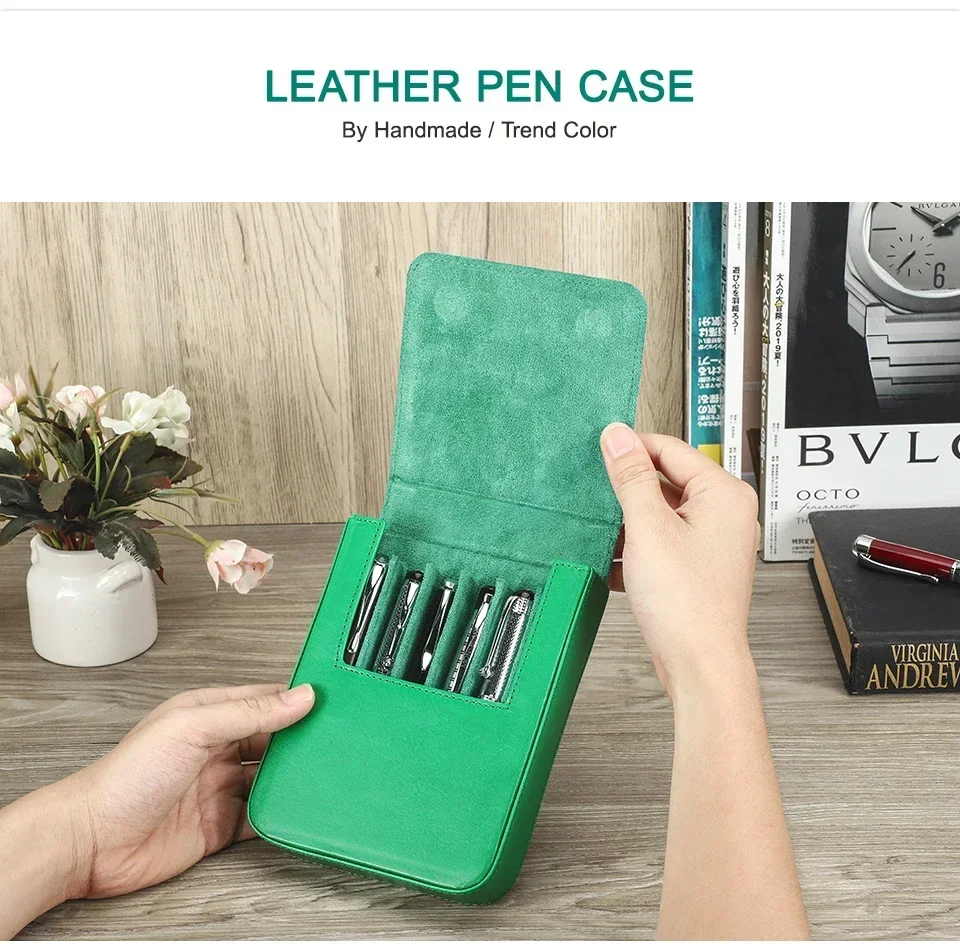 

Portable CONTACTS FAMILY Genuine Leather Pen Case Holder Handmade Pen Box Shockproof Men Women Detachable Stationery Cover