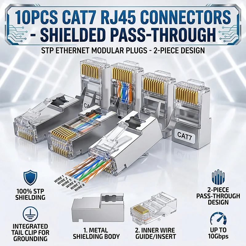 

10 шт. экранированных разъемов RJ45 Cat7, двухкомпонентный проходной соединитель с металлическим корпусом и позолоченными контактами для Ethernet 10 Гбит/с