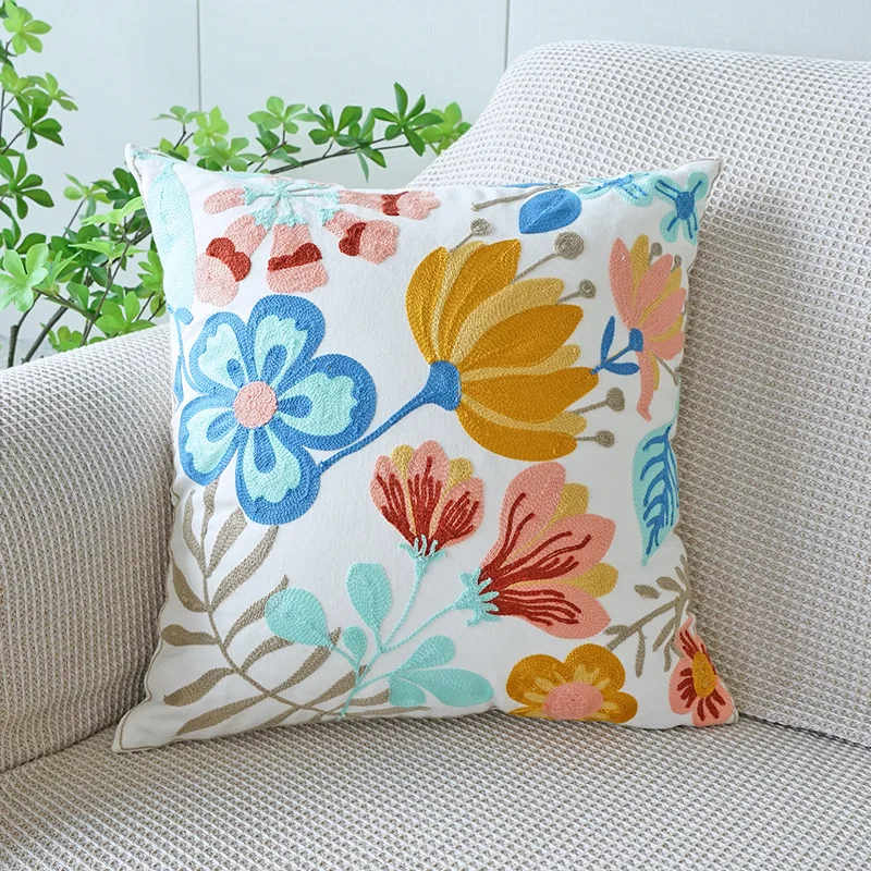 Blumenhandtuch bestickter Kissenbezug, quadratisches Netz, beliebter nordischer Stil, reine Baumwolle, Kissenbezug für Wohnzimmer, Sofa, Kissenbezüge – Detail 9