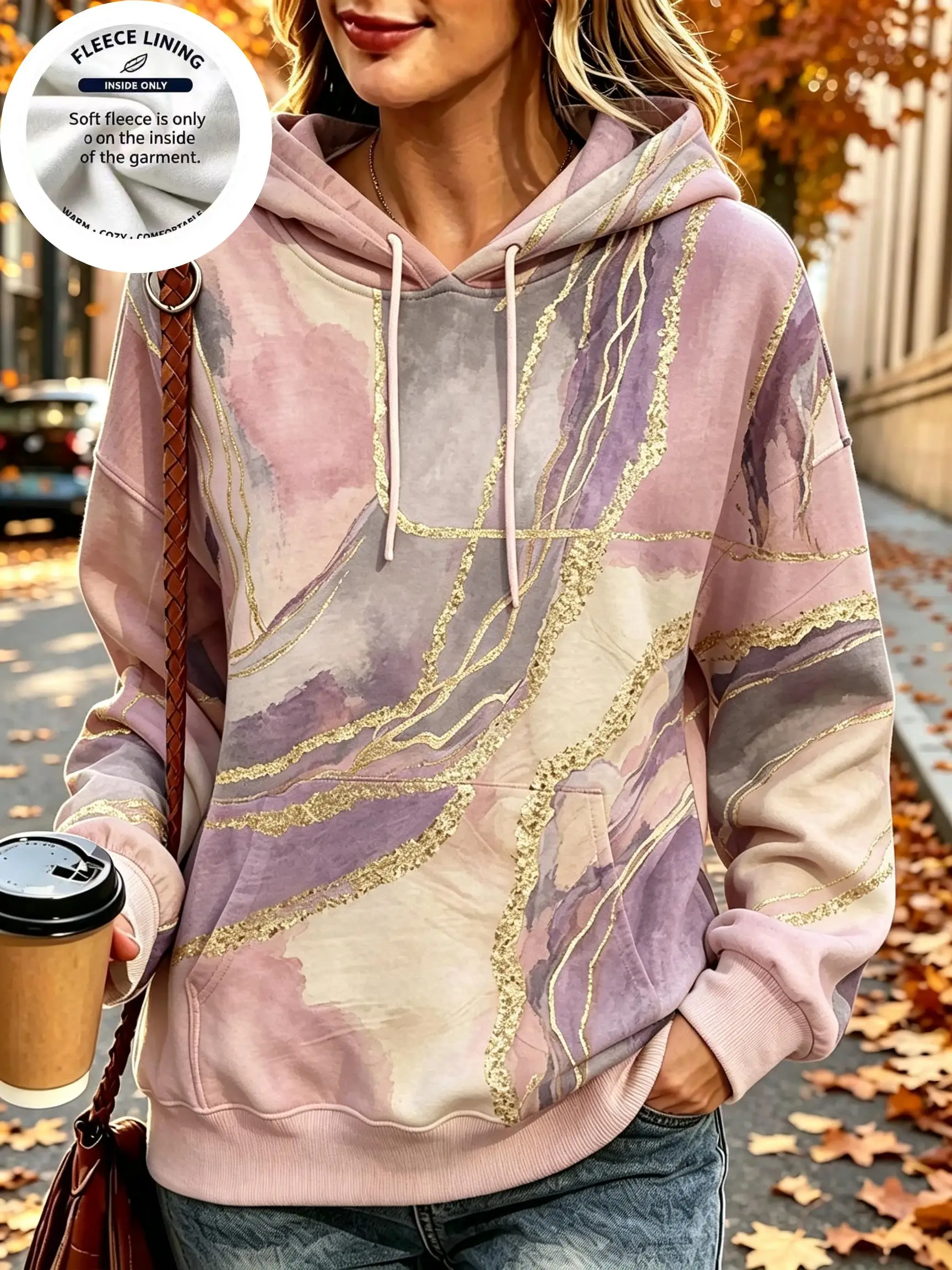 Women Fleece Hoodie, Abstract Marble Watercolor Gold Line Print Hooded Sweatshirt, Artistic Flowing Texture Casual Pullover