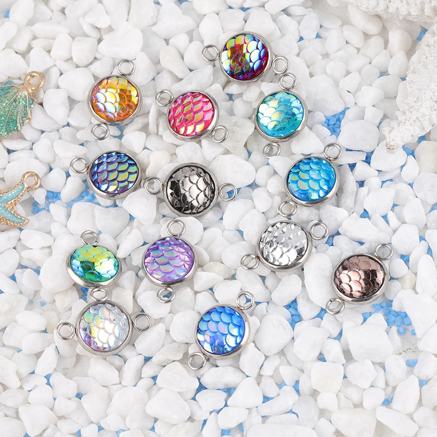 50Pcs 10mm Stainless Steel Resin Mermaid Scale Charms Connector AB Colorful Charms For DIY Making Necklaces Bracelets