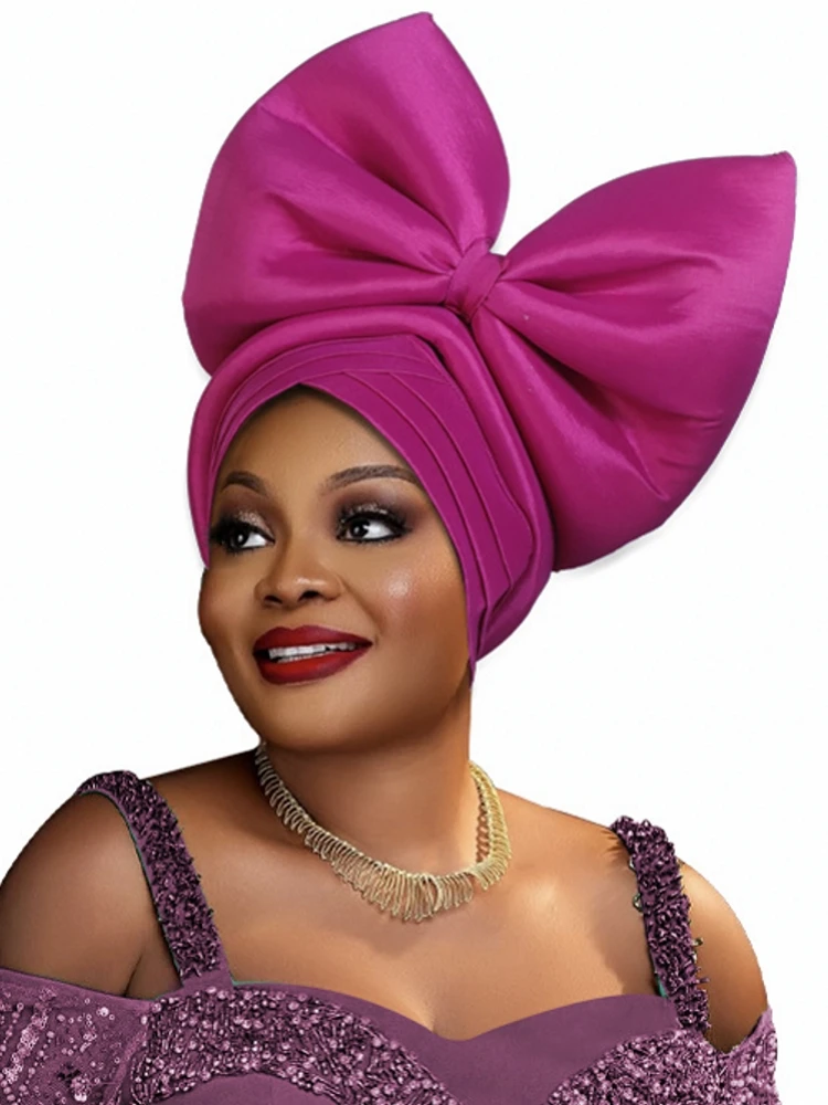 2025 African Female Turban Cap Women's Autogele Headtie Nigeria Raw Silk Fan Gele Wedding Party Head Wraps Headwear Turbante