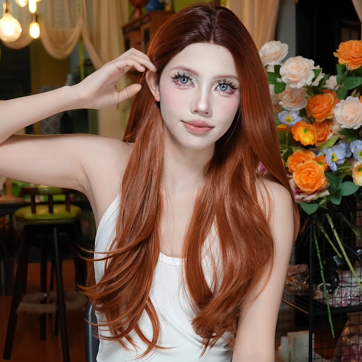 

Natural Fashion Handmade Lace Women's Wig Orange Wave Wig Curly Women's Party Lolita Cosplay Wig