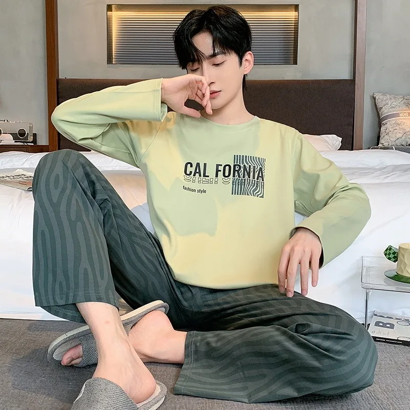 INS Korean High-Grade Simple Long sleeve Trousers Spring and Autumn Pajamas Men Simple Comfortable Home Wear Set pyjama homme