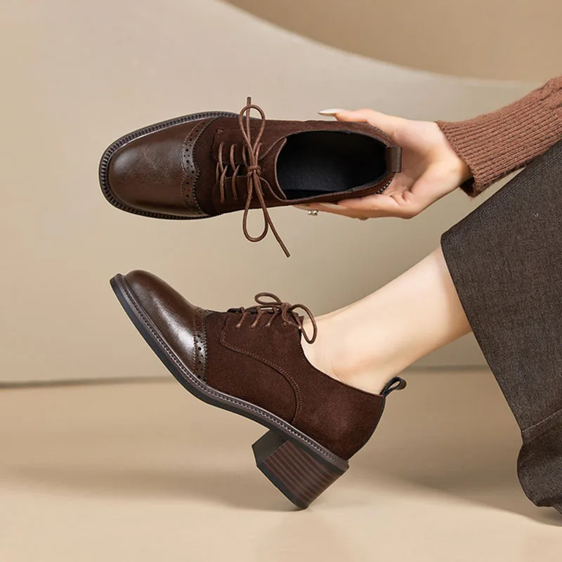 البقرة المدبوغ أحذية نسائية الفم العميق الدانتيل متابعة المرقعة سيدة مضخات جولة تو حجم كبير الكعب المتوسط Phoentin FT4264 #4