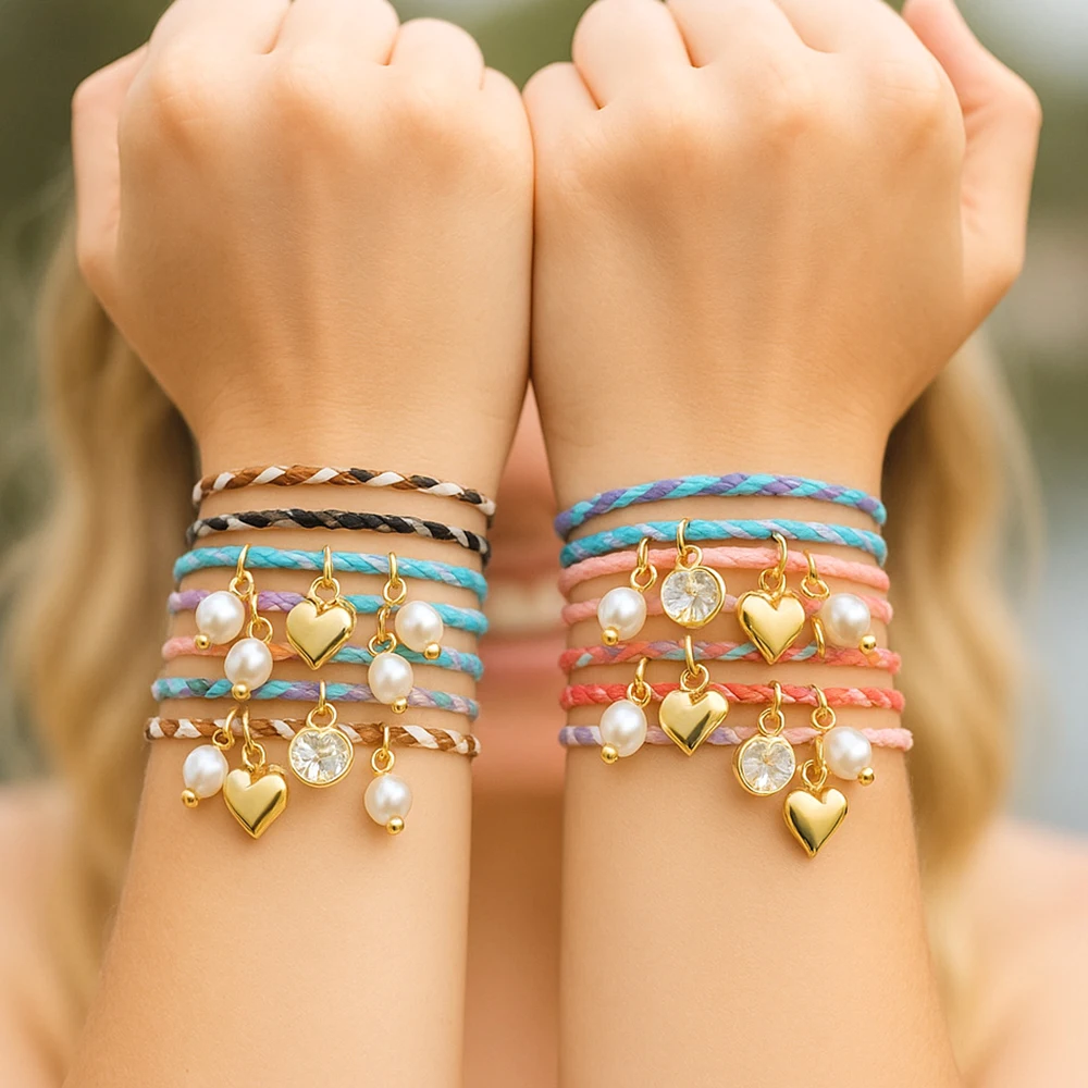 Sweetheart Charm Braided Bracelet Pearl Rhinestone Accessories Adjustable Multicolor String Jewelry for Women Boho Summer Gifts