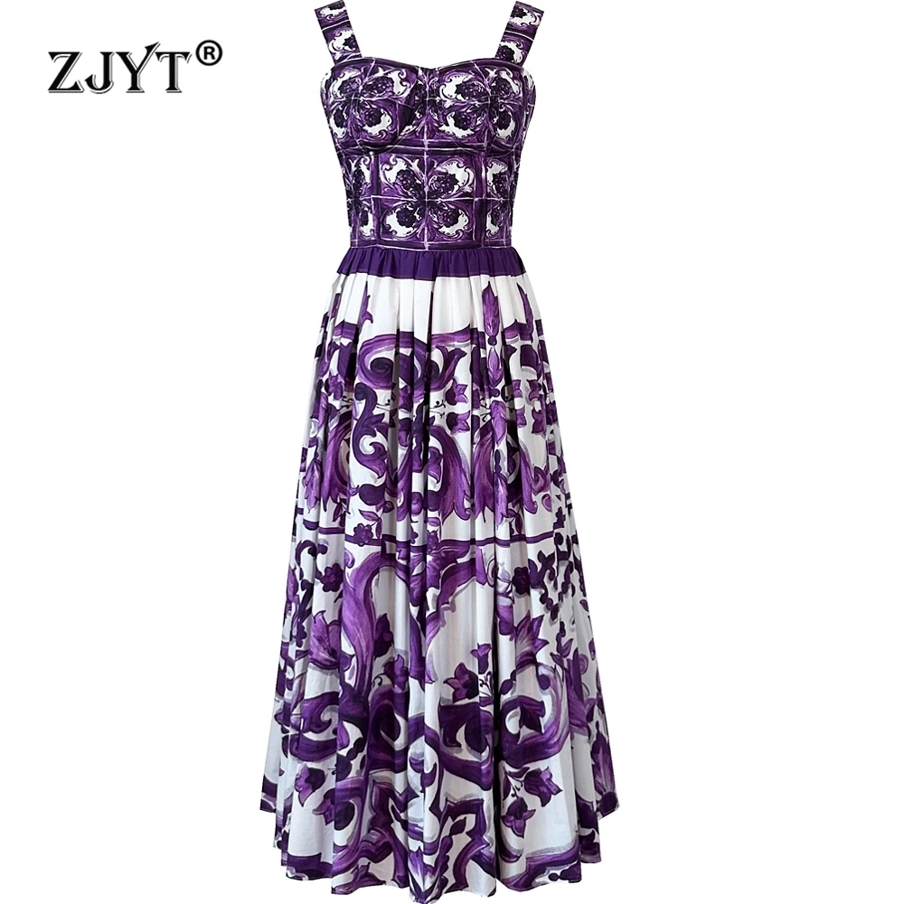 

ZJYT Summer Runway Fashion 100% Cotton Dresses for Women Purple Print Spaghetti Strap Backless Midi Holiday Beach Dress Vintage