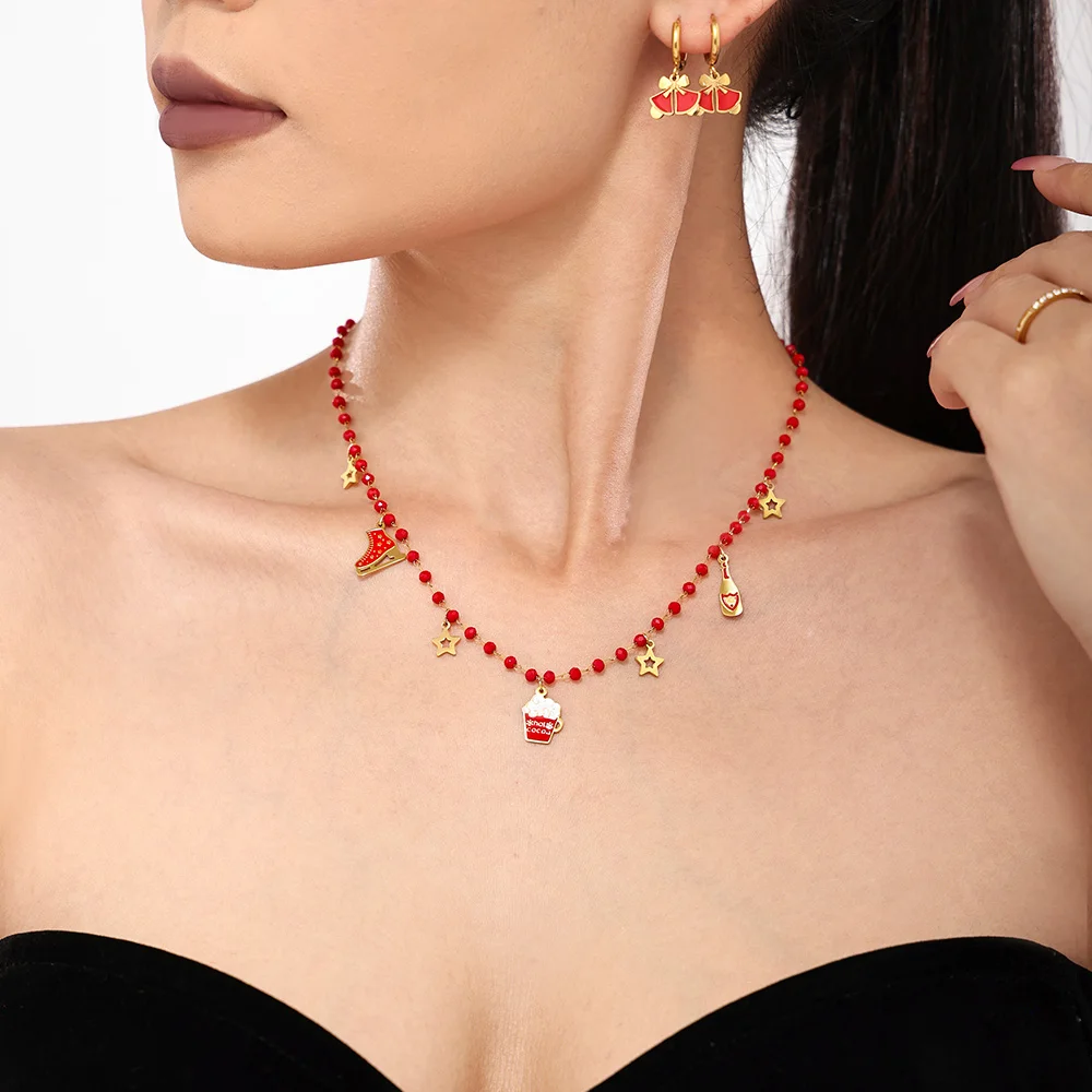 Star Beer Schlittschuh-Halsketten, Armbänder für Damen, 316L Edelstahl-Gliederkette, rote Granatperlen, Weihnachtsschmuck-Set, Geschenke – Detail 4