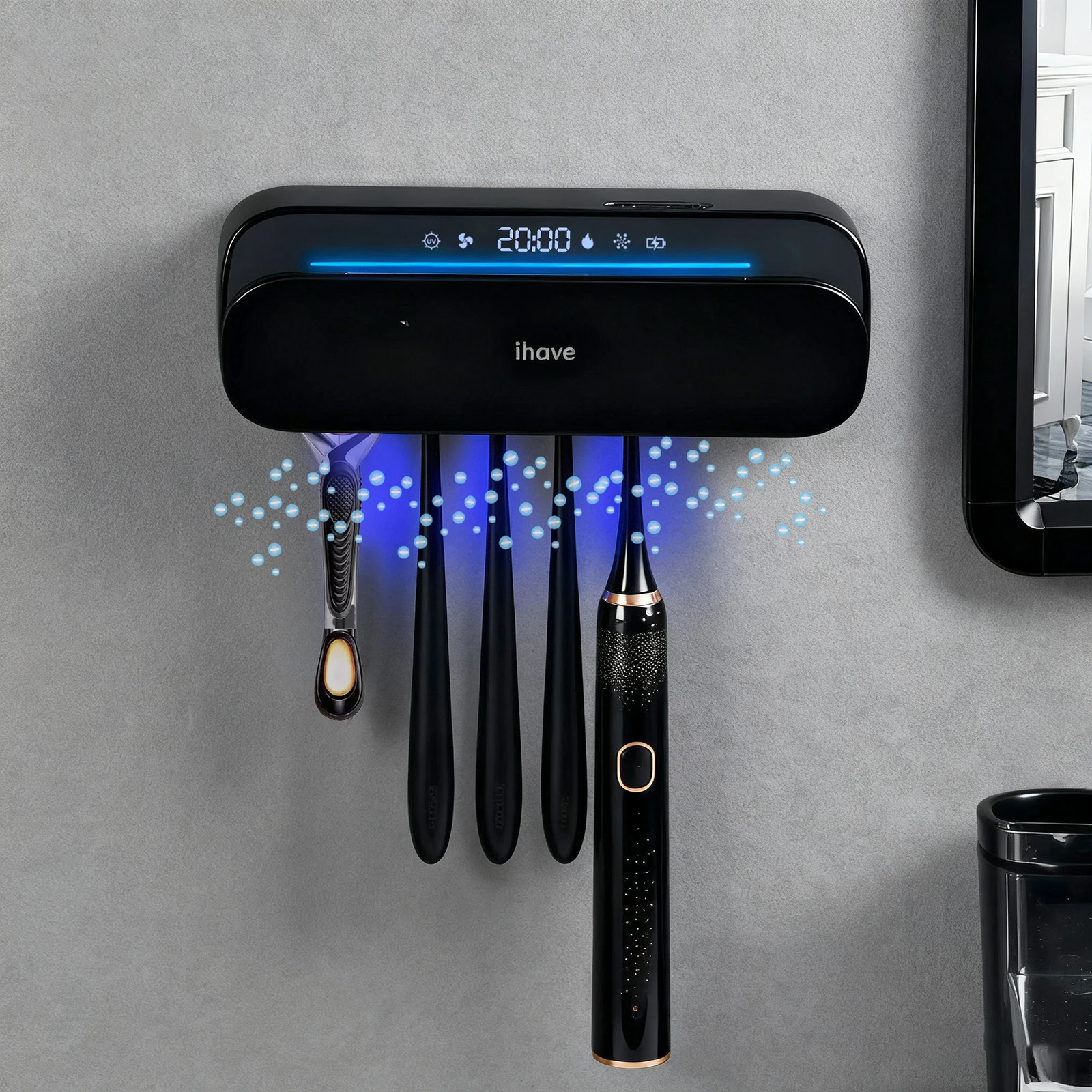 アップグレードされたuv-led歯ブラシ除菌器、カウンタートップ設置、穴あけ不要、コードレスファン、空気乾燥、ユニバーサル電動、9999-除菌