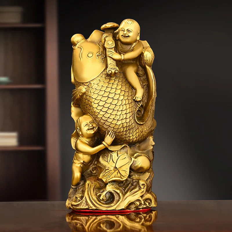 The child playing with fish ornament is made of pure copper, featuring the Five Sons Passing the Imperial Examination theme, dep