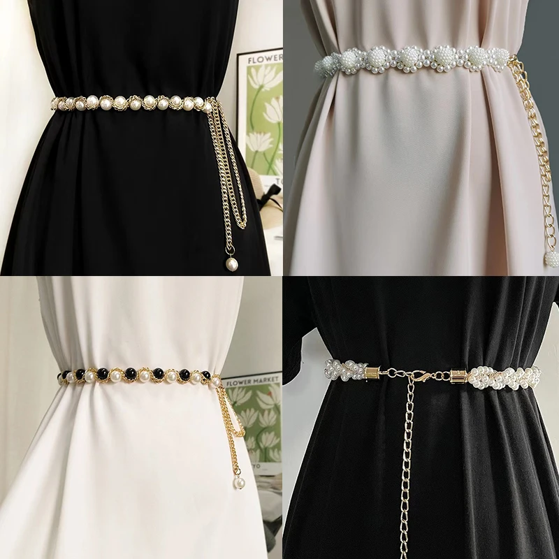 1PCS Elegant Women Pearl Belt Waist Chain Buckle Pearl Chain Belt Female Clothing Accessories