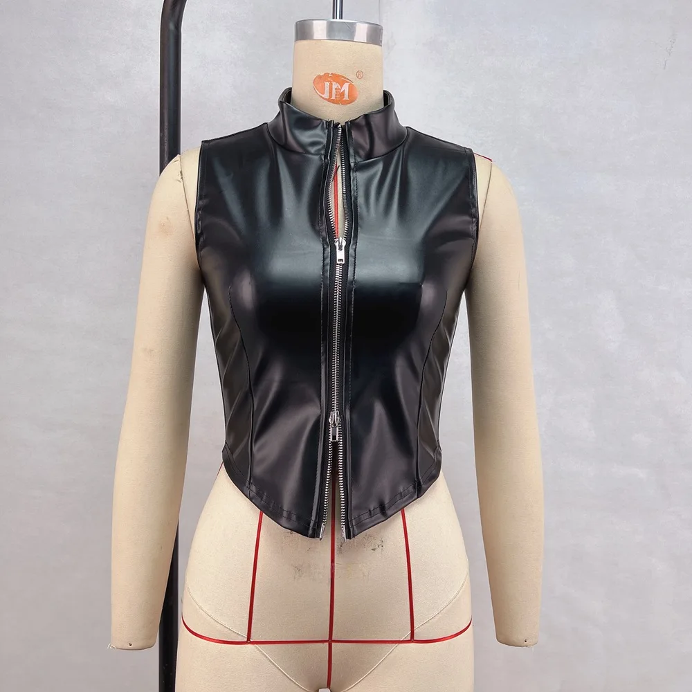 

S-L PU Faux Leather Two Way Zipper Tank Top Sleeveless Shirt Stand Collar Bustier Crop Tops Vest Sexy Clubwear Croptop Cropped