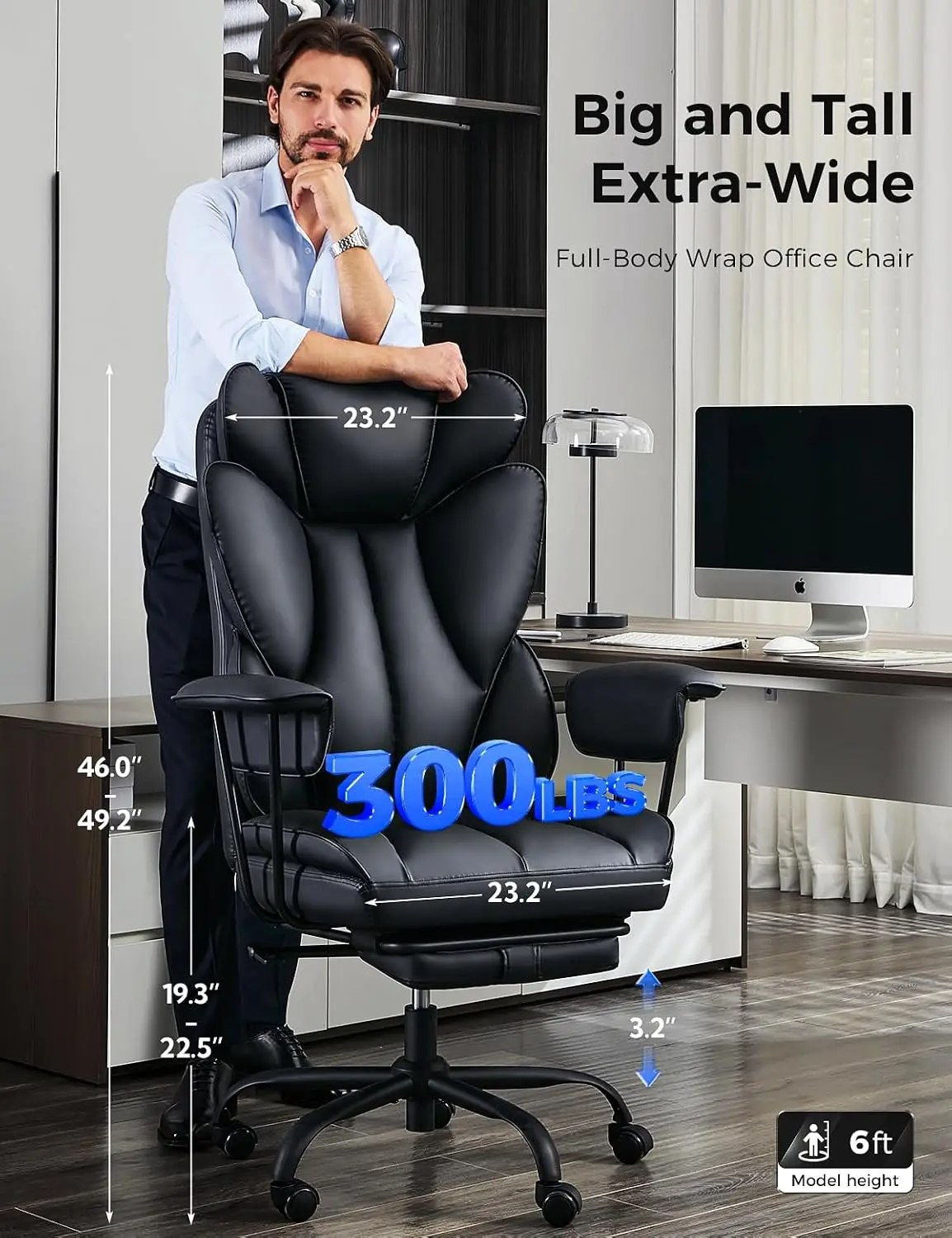 Big & Tall High Back Leather Gaming Chair With Footrest & Lumbar Support, Ergonomic Office Desk Chair With Wide Seat, Customized