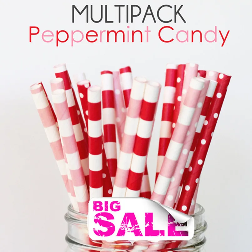 100 Pcs Mixed Colors PEPPERMINT CANDY Cheap Paper Straws, Red and Baby Pink Sailor Circle Stripe, Small White Swiss Polka Dot