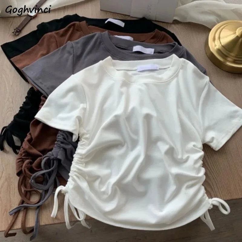 Solid O-neck T-shirts Women Summer Shirring Lace-up Design Slim Abdomen Simple Fashion All-match Ins Chic Korean Style Cozy Fit